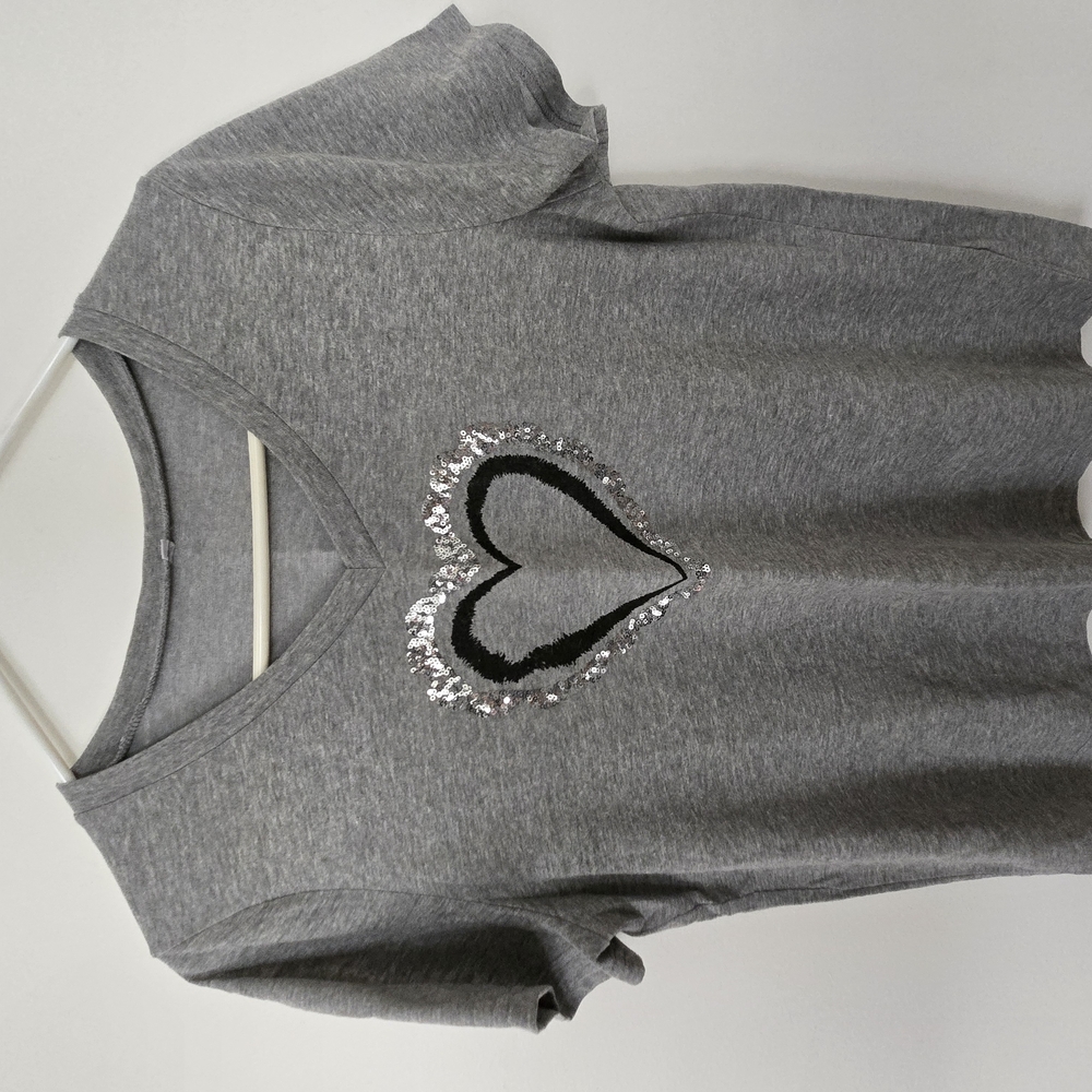 Gray T-Shirt with Sequin Heart Design